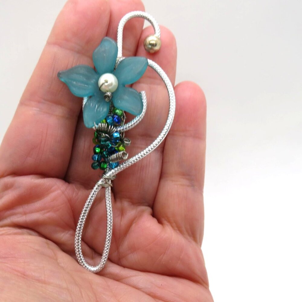 Blue Floral Brooch 3.5" Silver Wire Teal Blue Green Flower Beaded Accents